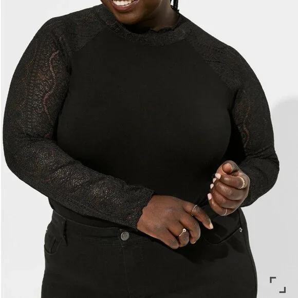 957. Large - TORRID - Super Soft Lace Mock Neck Long Sleeve Top Black NEW - Picture 2 of 4